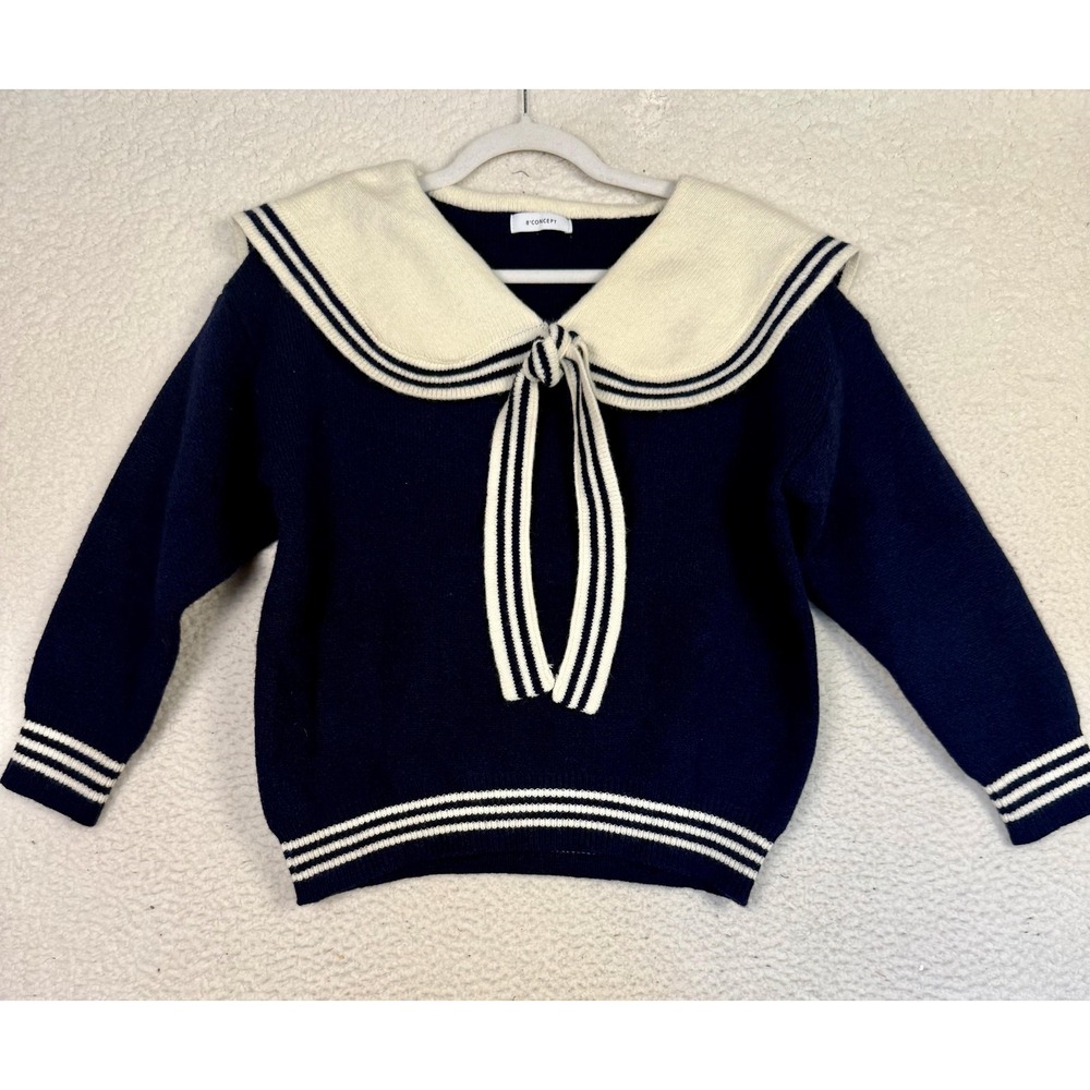 Sweater Womens Large Blue Sailor Collar Bow Nautical Academia Preppy Twee